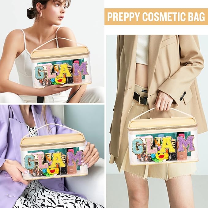 Chenille Letter Clear Makeup Bags Glam Pouch, Preppy Patch Makeup Bag Zipper with Handle, Transparent PVC & Nylon Waterproof Glitter Cosmetic Handbag Travel Toiletry Storage for Women Girl(GLAM-Beige)