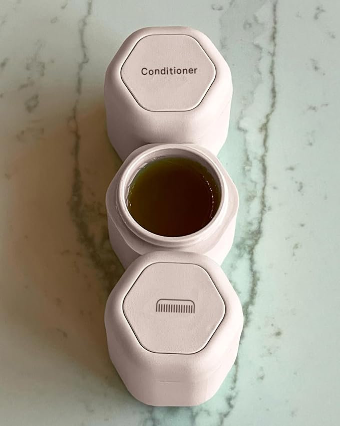 Cadence Travel Containers - Haircare Set - Magnetic Travel Capsules - For Shampoo, Conditioner, Hair Styling Product - 3 Flex Mediums (1.32oz) with Shampoo, Conditioner & Comb Icon Labels - Petal