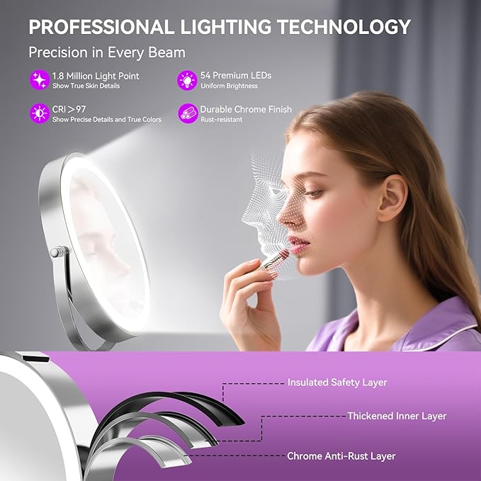 8" Lighted Makeup Mirror Rechargeable 1X/10X Magnifying Mirror with 3 Dimmable Colors Light, Double Sided Vanity Mirror with Stand, 360° Rotation Touch Screen Tabletop, Chrome