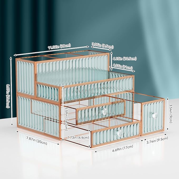 Makeup Organizer - Tempered Glass Vanity Organizer for Cosmetics, Skincare, Hair Tools, Brushes, Perfume - Multipurpose Bathroom Counter Skincare Organizer