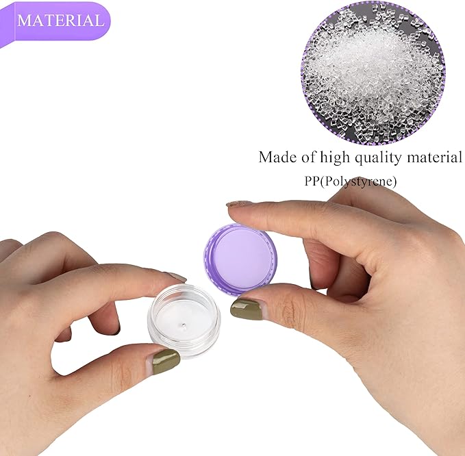 50PCS 3 Gram Sample Containers, 3ml Empty Jars with Lids, Small Cosmetic Containers, Mini Sample Jars with 4PCS Mini Spatulas for Make Up, Oils, Lotion, Powder, Paint, Jewelry, Lip Balms(Purple Lid)
