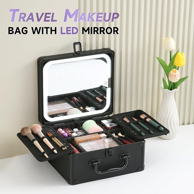 Leeora&Leekoo Makeup Box with LED Mirror & Aluminum Frame, Compact Multi-Layer Cosmetic Organizer - Portable ABS Travel Train Case for Makeup Storage(Gift for Girlfriend/Daughter) (Black)