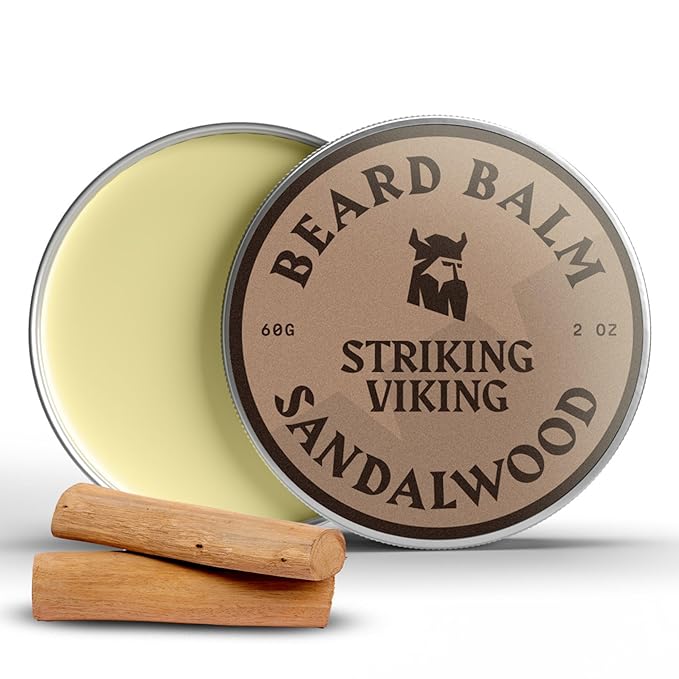 Striking Viking Beard Balm for Men – Light Hold, Sandalwood, 2 Oz - Leave-in Beard Conditioner with Shea Butter, Tea Tree, Argan & Jojoba Oils - Smooth, Shape & Moisturize Coarse, Dry Facial Hair