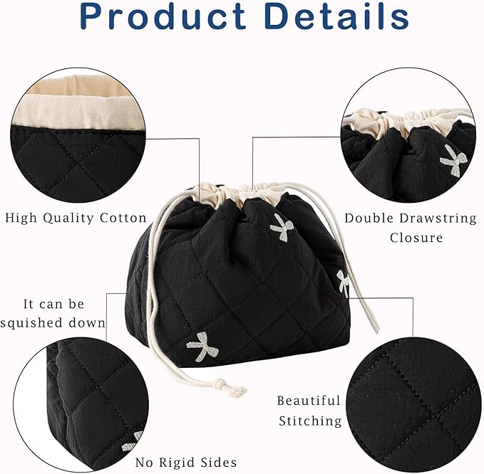 Cotton Quilted Drawstring Makeup Bag with Canvas Lining,Coquette Aesthetic Cute Travel Toiletry Bag,Drawstring Gift Bag for Women and Girls（06Black Bows）