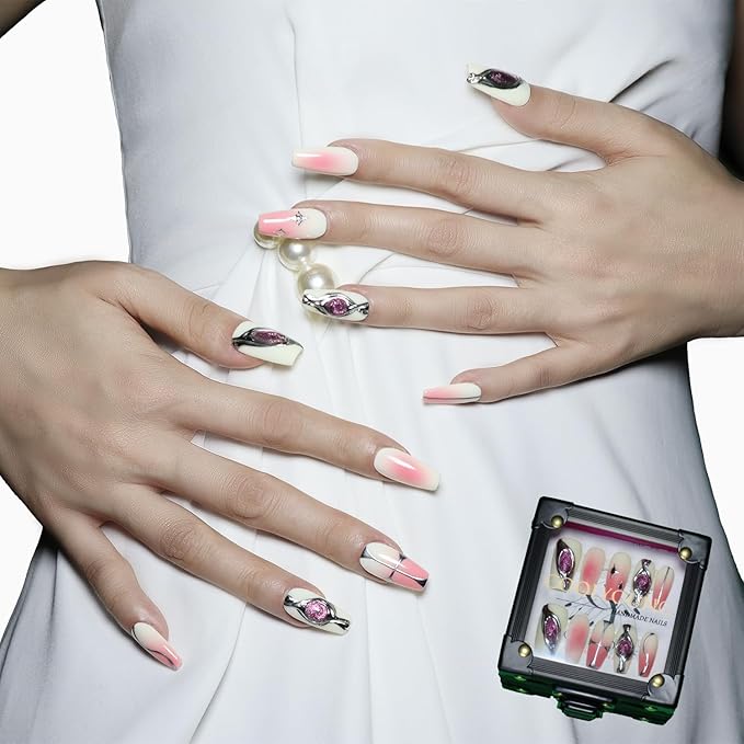 Handmade Nails Press On, Coffin Nails, Acrylic Press On Nails, Medium Press On Nails, Pink Nails Press On, Fake Nails With Designs, Reusable Nails, Women Gifts, COOLYOUNG Nails, 10 PCS, Size S