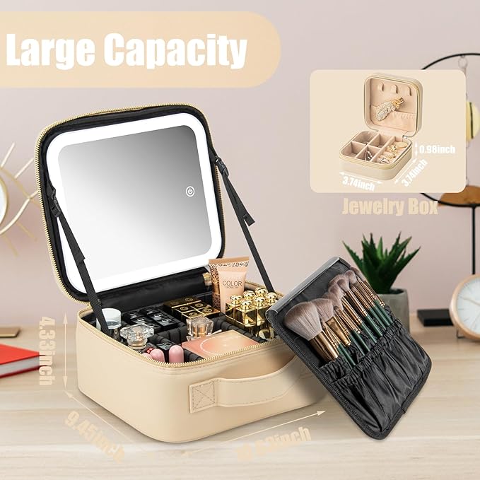 Makeup Travel Train Case with Mirror LED Light 3 Adjustable Brightness Cosmetic Bag Portable Storage Adjustable Partition Waterproof Makeup Brushes Makeup Jewelry Gift for Women (Beige)