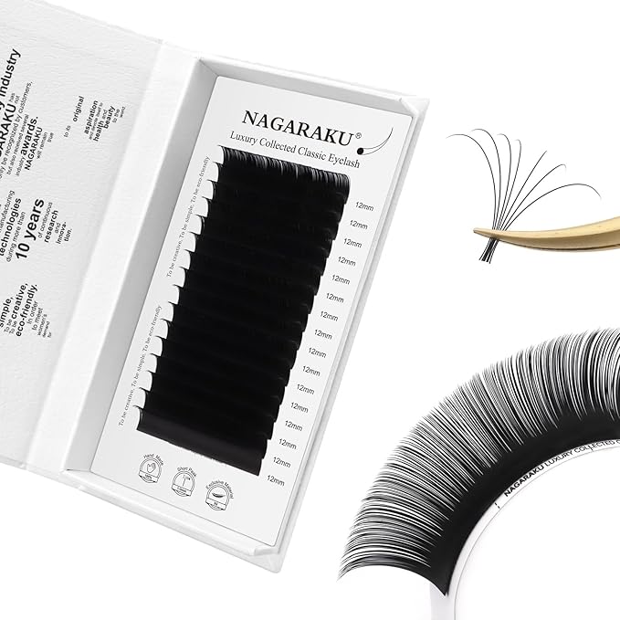 NAGARAKU Individual Eyelash Extensions, Luxury Collected Classic Single Lashes Upgraded 3rd Generation Soft Natural Beauty Salon Professional Lash Supplies 16 Rows Matte Black -0.10 C Curl 12mm