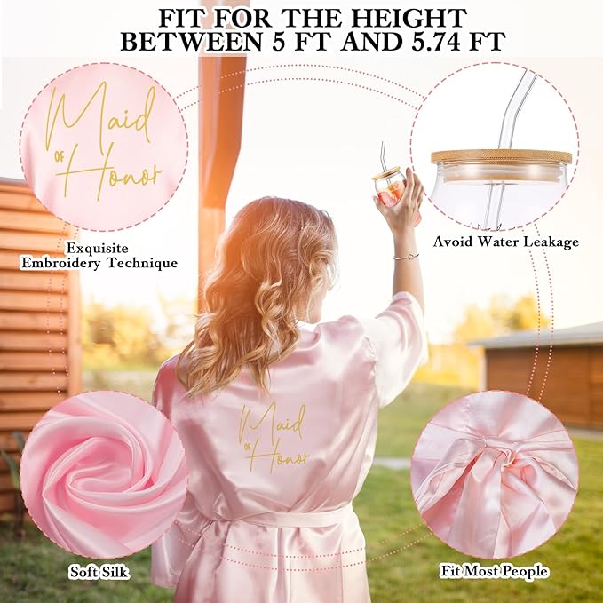 Irenare 8 Pcs Proposal Gifts Set Robes Makeup Bag Cup Cards Hair Tie Bracelet Diamond Pen Bridesmaid Gift Box(Pink,Maid of Honor)