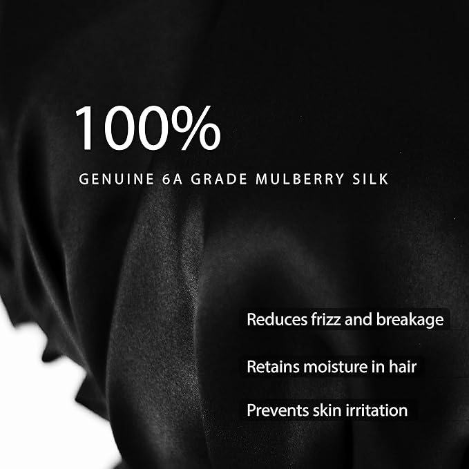 100% Silk Bonnet for Sleeping With Tie Band, Large Sleep Cap for Curly Hair, Wrap for Hair Care - Rich Black