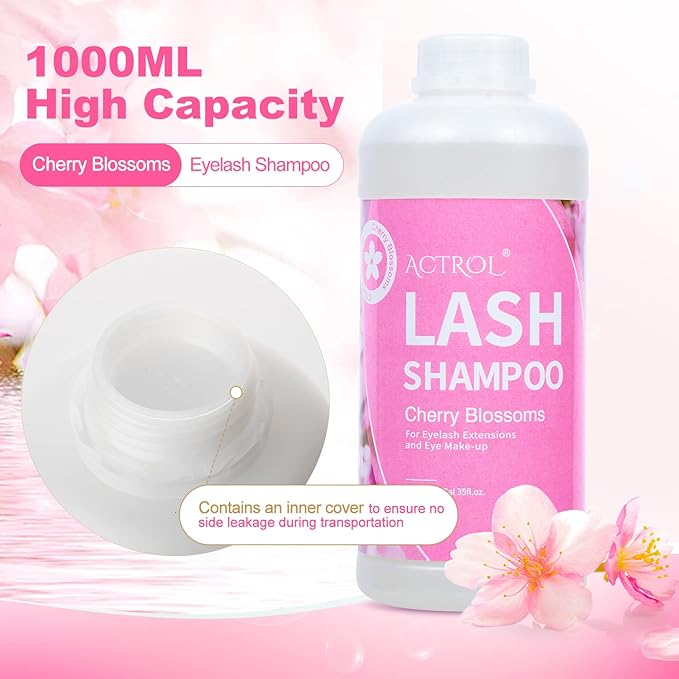 Eyelash Extension Cleanser Cherry Blossom 1L Natural Lash Extension Shampoo Professional Eyelid Foaming Cleanser Paraben & Sulfate Free Non-lrritating with Salon and Home Care
