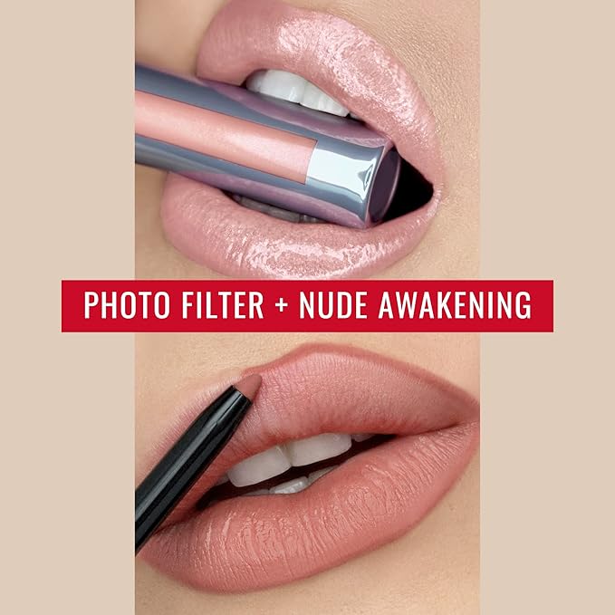 Runway Rogue LuxGloss Kit with Moisturizing Lip Gloss Tube, Photo Filter and Lip Liner Pencil, Nude Awakening
