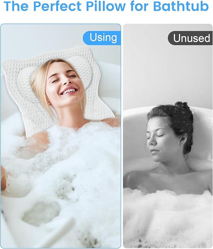 Bath Pillow, Bath Pillows for Tub Neck and Back Support, Soft 4D Air Mesh Bathtub Pillow 16.5 x 17.3 INCH, with 6 Powerful Suction Cups, Bath Accessories Relaxing Gifts for Women (White)
