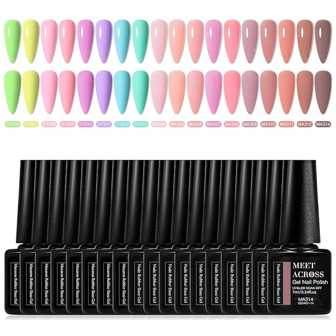 MEET ACROSS Builder Gel Base_Coat for Nails, Macaron Rubber Base Gel Nail Polish 18 Colors Pink Blue Green Nude Rubber Base Gel for Nails All Seasons Nail Design Gifts