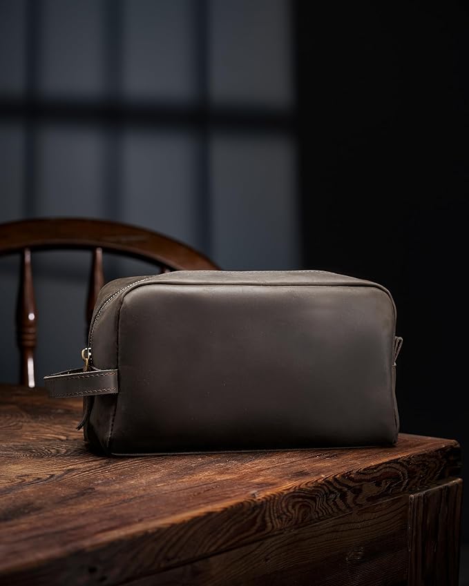 Awesometik Mens Travel Bag Toiletries Organizer Case for Grooming, Toiletry Bag for Men, Travel Essentials Shaving Dopp Kit, Geniune Leather Water Resistant Cosmetic Bag Pouch (Dark Brown)