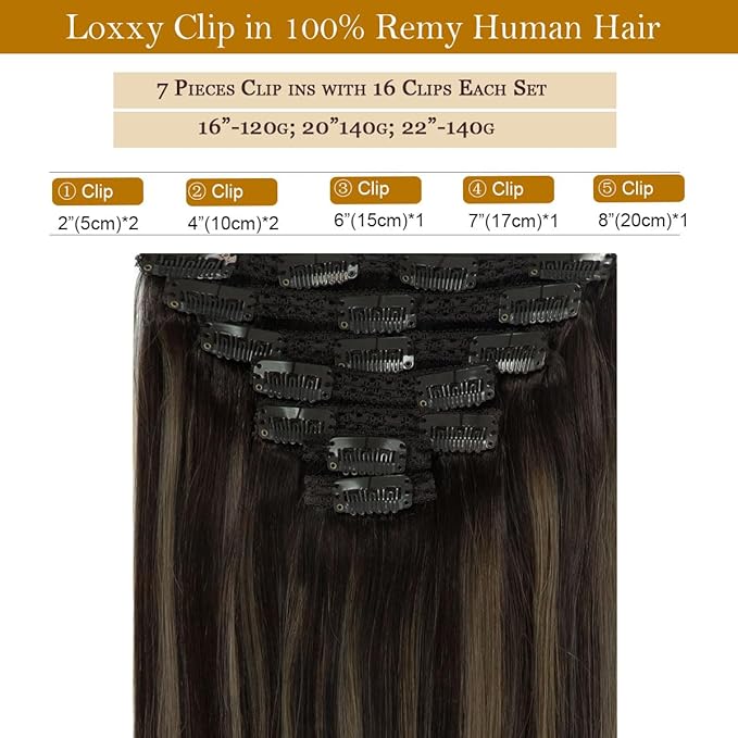 Loxxy Straight Clip in Hair Extensions Real Human Hair for Black Woman 16Inch Omber Natural Black Ombre To Chestnut Brown Natural Hair Extensions Clip ins R1B-1B/6A 120g 7pcs 16clips