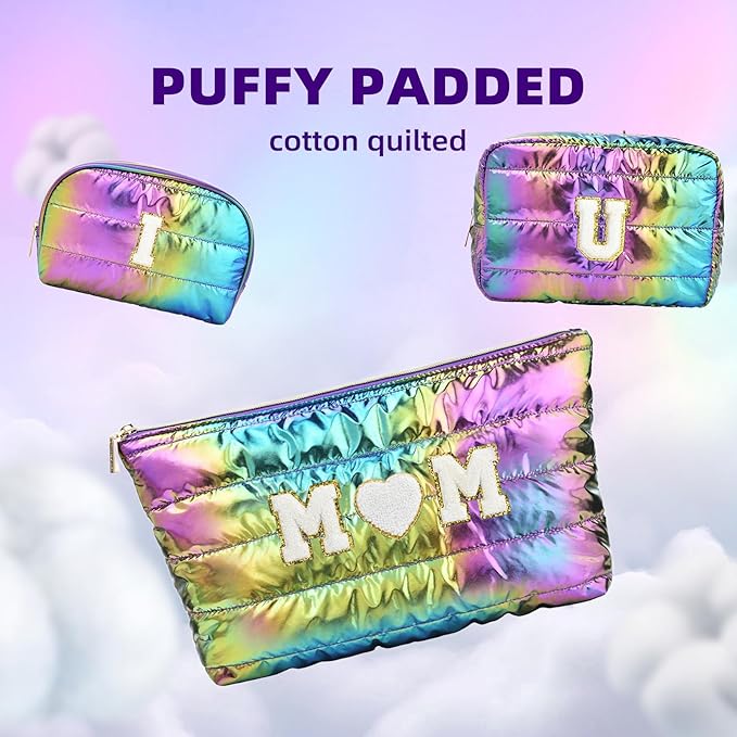Hiroyuki 3pcs Iridescent Quilted Makeup Bag (ILOVEUMOM, rainbow)