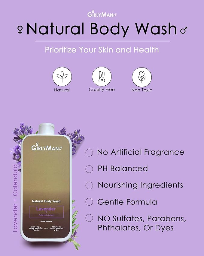 Natural Body Wash - Made with Olive Oil & Aloe Extract, No Artificial Fragrance, PH Balanced, Gentle Formula, Nourishing Ingredients, Family Owned (Lavender)