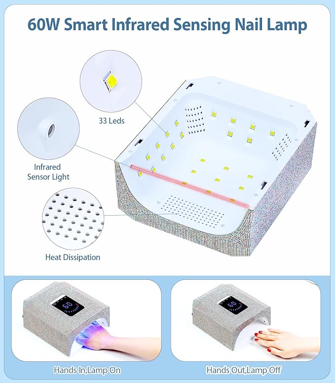 UV Nail Lamp Nail Dryer: HOUSMV Cordless Rechargeable UV Light for Gel Nails 60W, Professional Diamond LED Nail Dryer with 4 Timer Setting & Auto Sensor, Fast Nail Light Curing Lamp for Salon & Home