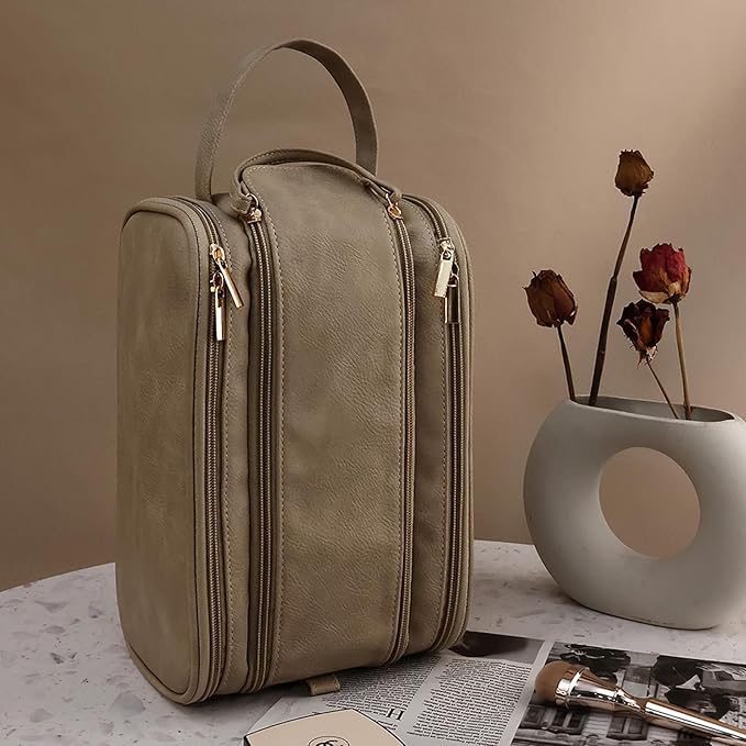 Travel Toiletry Bag for Women PU Leather Triple-layer Double Zipper Toiletry Bags,Waterproof with Handle Mens Toiletry Bag Stowable Brushes, Toiletries Makeup for Business Trips Camping Bathroom Brown