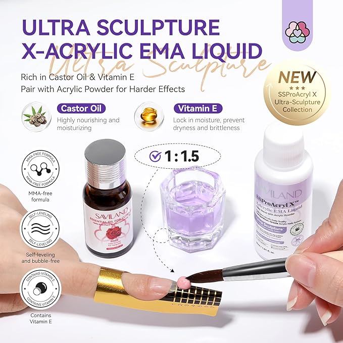 SAVILAND Acrylic Nail Kit for Beginners: White Pink Clear Acrylic Powder and Liquid Set with EMA Acrylic Liquid Monomer Nail Brush Forms Tools and Cuticle Essentials Oil for Nails Home Manicure DIY