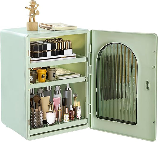 DASITON Large Capacity Makeup Organizer for Countertop,3 Adjustable Layers Skincare Organizers,Dustproof & Waterproof Makeup Storage Organizer,Cosmetic Display Case for Vanity,Bathroom,Bedroom(Green)