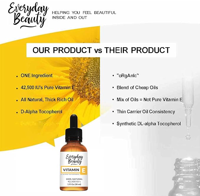 Pure Vitamin E Oil- D-Alpha Tocopherol 100% Pure & All Natural 1 Fl Oz Glass Bottle & Dropper 42,500 IUs - Not a Blend, Thick, Amber Color, Nutty Aroma From Wheat Germ - Face Body Hair