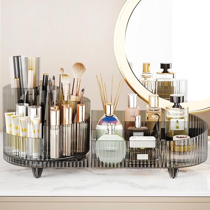 Rotating Makeup Organizer for Vanity with Brush Holder, Cosmetic Makeup Storage Organizer, Large Spinning Makeup Skincare Organizer, Countertop Makeup Perfume, Lotions Display Case (Transparent Black)