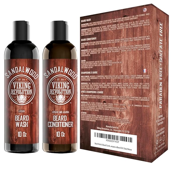 Viking Revolution Beard Wash & Beard Conditioner Set w/Argan & Jojoba Oils - Softens & Strengthens - Natural Sandalwood Scent - Beard Shampoo w/Beard Oil (10oz)