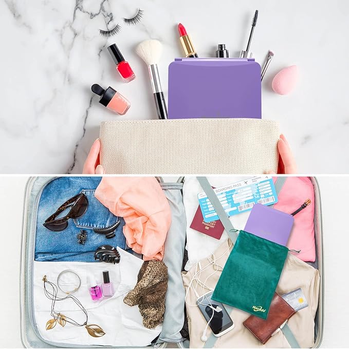 LED Foldable Travel Makeup Mirror - 7x9 inches 3 Colors Light Modes USB Rechargeable Touch Screen, Portable Tabletop Cosmetic Mirror for Travel, Cosmetic, Office (Violet)