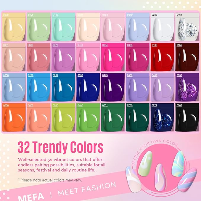MEFA 32 Colors Gel Nail Polish Kit with U V Light, Spring Bright Pastel 54Pcs Pink Gel Polish Nail Set with Matte/Glossy Base Top Coat Essential Manicure Tools Nails Art Decorations Women Gifts