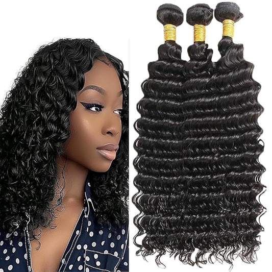 Loose Deep Water Wave Human Hair Bundles #1B Natural Color Loose Deep Curly Weave Bundles Brazilian Human Hair Weave Extensions Soft and Silky for Women 14 16 18 Inch