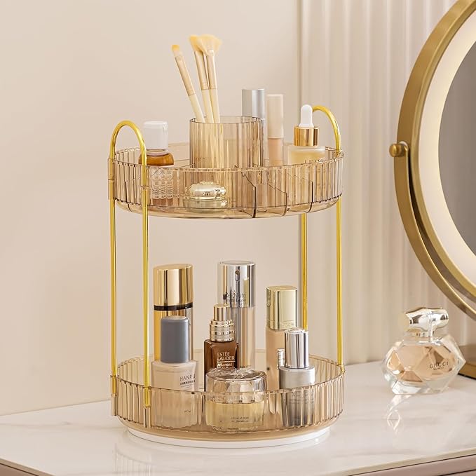 HBlife 360 Rotating Makeup Organizer, 2 Tier Perfume Organizer Skincare Organizer Large Capacity Cosmetic Storage for Bathroom, Vanity, Countertop, Glod