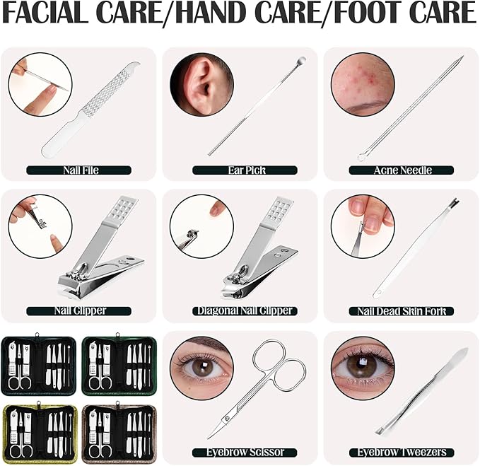 Coume 24 Sets Nail Kit Manicure Set Bulk with Zipper Professional Nail Clippers 8 in 1 Stainless Steel Nail Care Tools with Luxurious Travel Case Gifts for Men Women Friends Colleagues(Green Series)