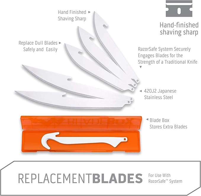 OUTDOOR EDGE 3.5" RazorSafe Replacement Knife Blades - 6 Piece Combo Set (3 Drop-Point, 2 Boning/Fillet, 1 Gutting Blades) Plus Blade Storage Box