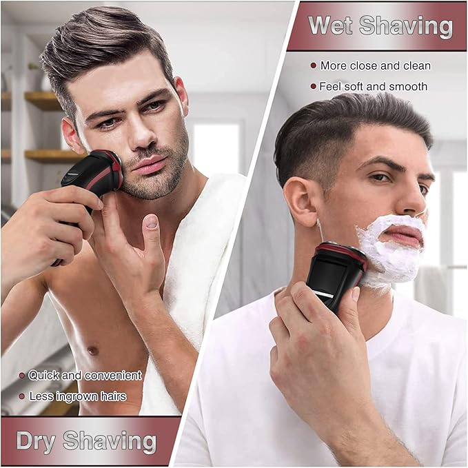 MAX-T Men's Electric Shaver - Corded and Cordless Rechargeable 3D Rotary Shaver Razor for Men with Pop-up Sideburn Trimmer Wet and Dry Painless 100-240V Red