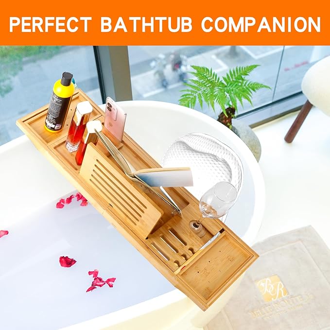 Bathtub Tray Table and Bath Pillow, Expandable and Foldable Bath Caddy Tray for Tub, Luxury Bathtub Accessories