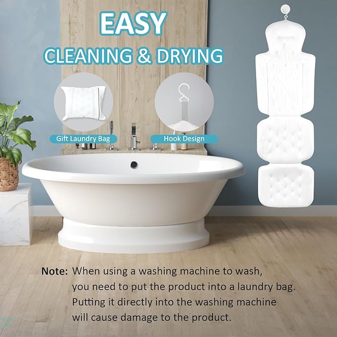 Luxury Full Body Bath Pillow for Bathtub, Bath Pillows for Tub with Mesh Laundry Bag & Non-Slip Suction Cups, Cushion for Bathtub Headrest Neck Back Support - 5D Air Mesh & Quick Drying | White