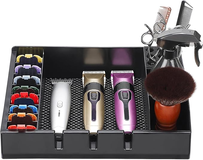 Barber Station Organizer Tray, Barber Clipper Organizer for Trimmers, Razors, Scissors, Combs & Brushes, Multi-Compartments Barbershop Salon Countertop Tray for Hairdressing Tool, Non-slip Mat