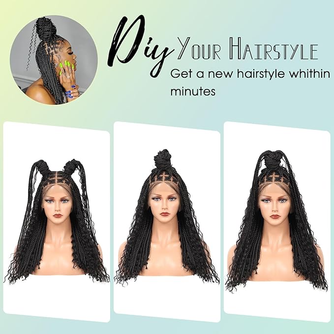 18" 13x8 Inch HD Lace Front Boho Box Braided Wigs Short Knotless Braid Wig for Women Full Braided Lace Front Wig With Baby Hair Balck Natural Color