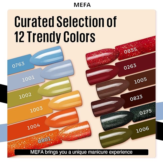 MEFA Gel Nail Polish Set, 12 Colors Orange Burgundy Red Gel Polish Set Flash Dark Red Glitter Nail Polish Shimmer Nude Brown Blue Yellow Nail Gifts for Women Girl DIY Salon Home Spring Summer