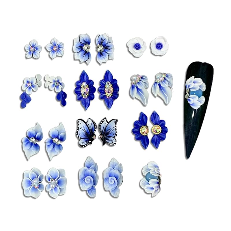 3D Acrylic Cobalt Flower Nail Art Charms Handmade by Acrylic Powder - 24pcs 3D Flowers Nails Rhinestones Kit 3D Crystal Nail Pearls Design Acrylic Nail Art for Women (Cobalt)