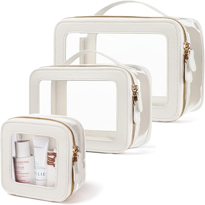 Clear Cosmetic Bag Set for Women Makeup Bag with Handle, 3 Pcs Travel Toiletry Bag Transparent Cosmetic Case Portable Make Up Organizer Bag for Essentials (White, Mini+S+L)
