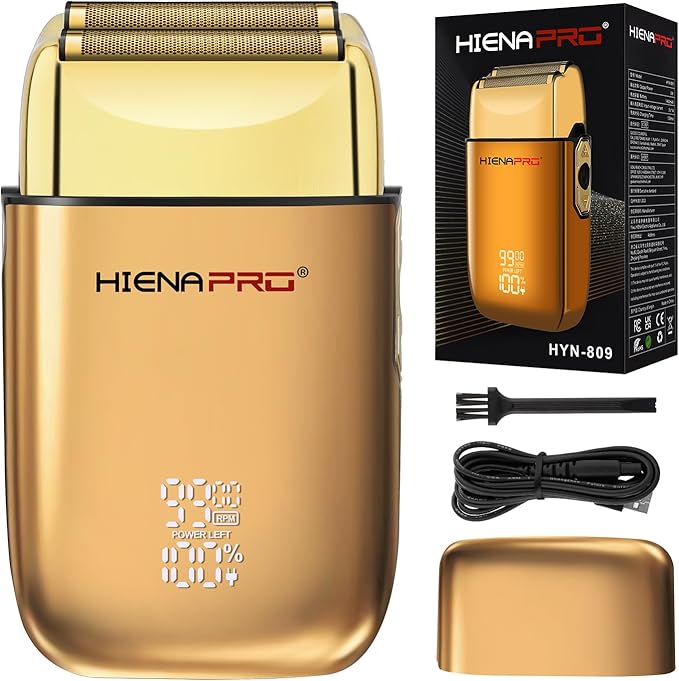 Foil Shaver for Men Barber, Double Electric Foil Trimmer, Professional Electric Razor, Close Shaver, Cordless Rechargeable with USB, Detachable Design, LED Display, Gold