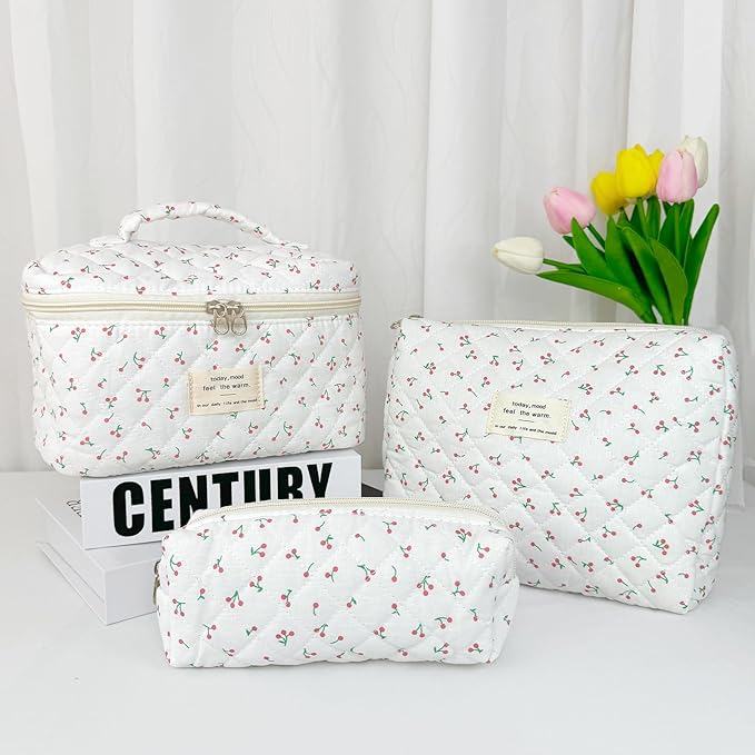3Pcs Cotton Quilted Makeup Bag for Women Girls, Large Floral Cosmetic Bag Set Cute Makeup Brushes Aesthetic Accessories Storage Bag Flower Travel Toiletry Bag Organizer