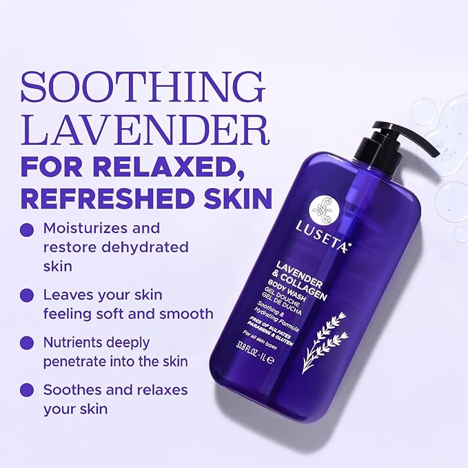 Luseta Lavender & Collagen Body Wash for Women and Men, Moisturizes and Soothes the Skin with Calming Aroma, Enhances Hydration Shower Gel Body Wash, Sulfate & Paraben-Free 33.8oz