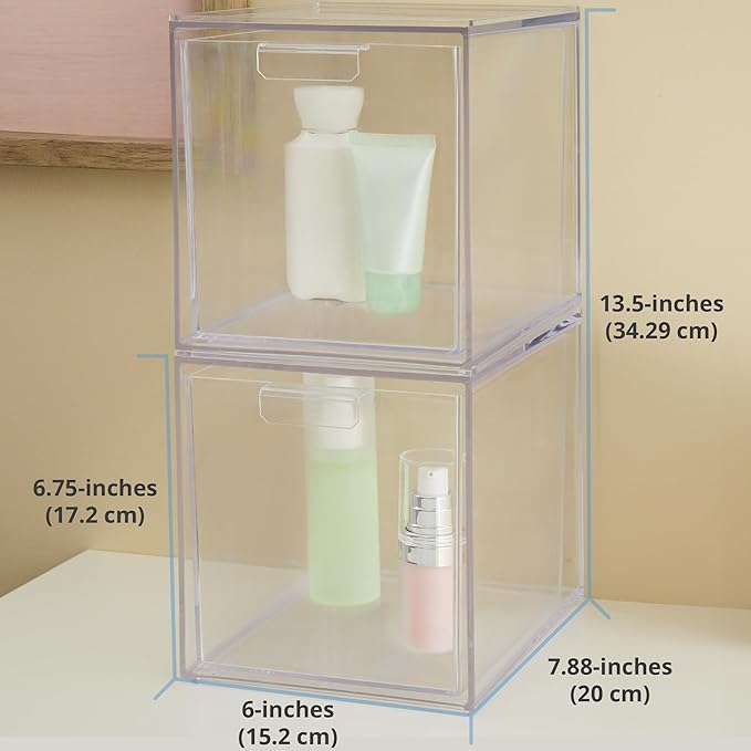 STORi Audrey Stackable Bin Clear Plastic Organizer Drawers | 2 Piece Set | Organize Cosmetics and Beauty Supplies on a Vanity | Made in USA