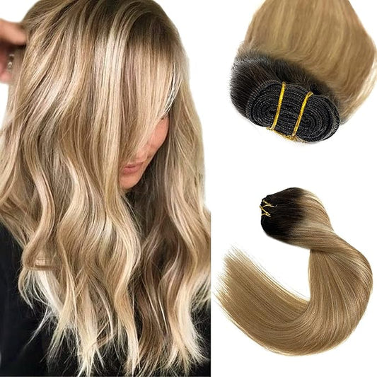 Sew in Hair Extensions Real Human Hair Bundles Ombre Brown Highlighted Blonde Weft Hair Extensions Human Hair Hand-Tied Weft Hair Extensions Human Hair 100G 16Inch Sew in Extensions for Women