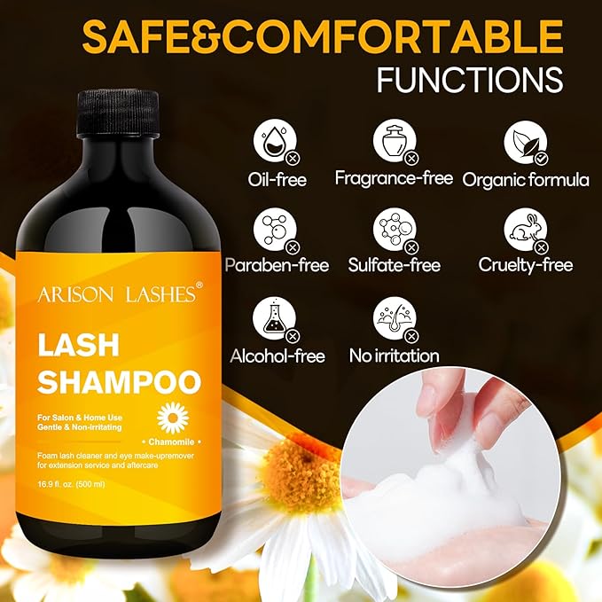 ARISON LASHES Lash Shampoo Eyelash Extension Cleanser, Lash Extension Shampoo, Professional Lash Shampoo for Lash Extensions Eyelid Foaming Cleanser for Salon and Home Use 500ML