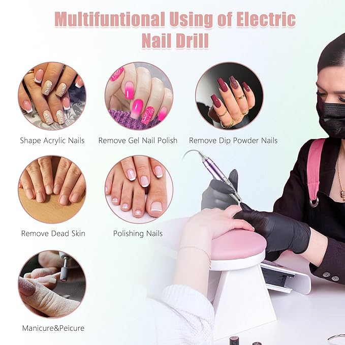 35000RPM Electric Nail Drill, with 4 Ultra Hard Wear-Resistant Ceramic Drill Bits & 6 Metal Nail Drill Machine Bits, Acrylic Gel Nails, DIY Manicure Pedicure Tools for Home and Salon Use (Blue Pink)
