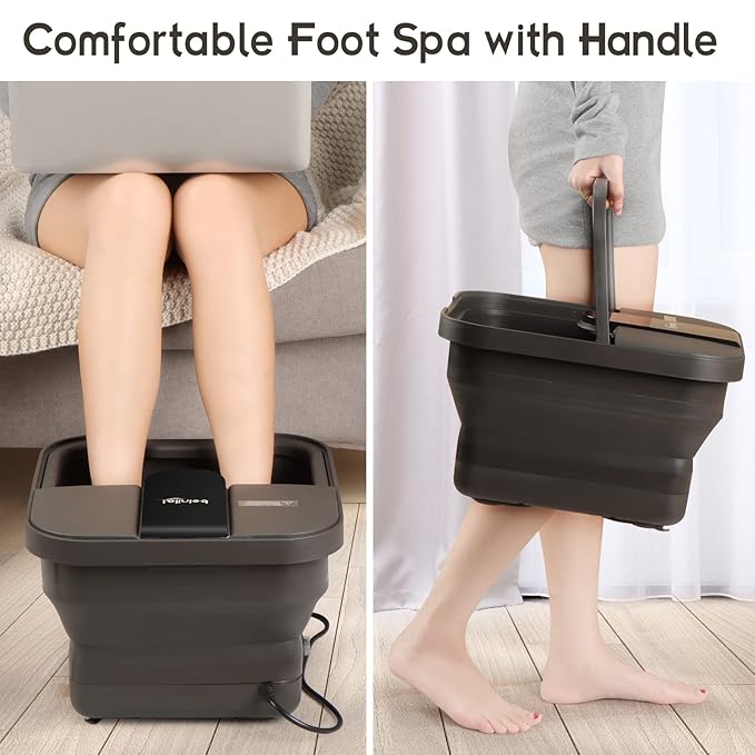 Beinilai Collapsible Pedicure Foot Spa with Heat and Massage and Bubble Jets,Foot Soak Tub with 6 Foot Rollers,Acupressure Massage Points,Red Light and Removable Pumice Stone(Dark Grey)